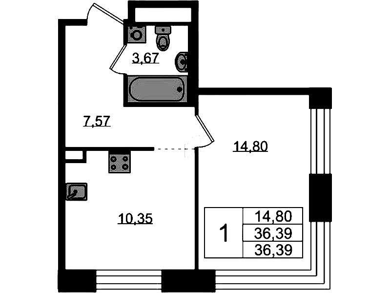 1-комнатная квартира 36.39 м², 2/5 эт., ЖК «Plus Пулковский»